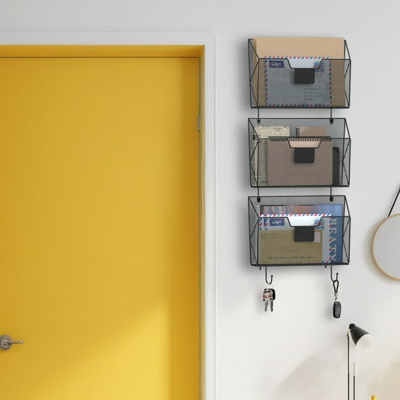 Hanging Wall File Organizer 3Pack, Mesh Wall Mounted Magazine Holder with Hooks, Metal Document Pocket Mail Organizer for Office/Home  Black