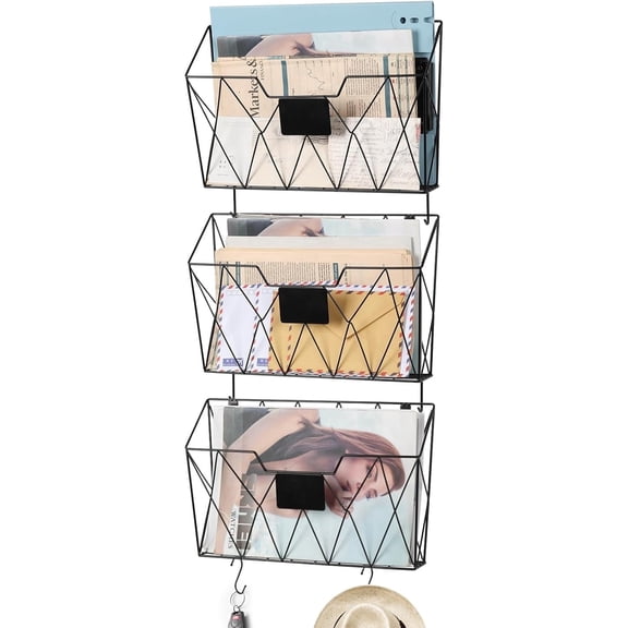 Sunexinlo Metal Mesh 3 Pockets Wall Mount File Organizer with Tag Slot and Hooks, Black