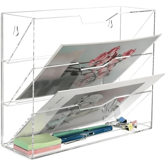 Hanging Wall File Organizer with 4 Pocket Tier - Acrylic Vertical Mail File Folder Holder Wall Mount Mail Magazine Rack with Bottom Tray for Office Home Countertop, Clear$$Office