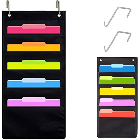 Hanging Wall File Organizer 5 Pocket with 2 Hooks (BLACK)