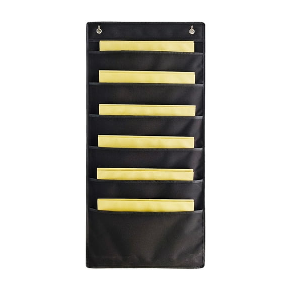 Hanging Wall File Organizer 6 Pocket with 2 Hooks - Beige Polyester Storage Chart Organizer for Documents, Magazines, Files & Scrapbook Papers - Space-Saving, Water-Resistant, 14.57x30.71in