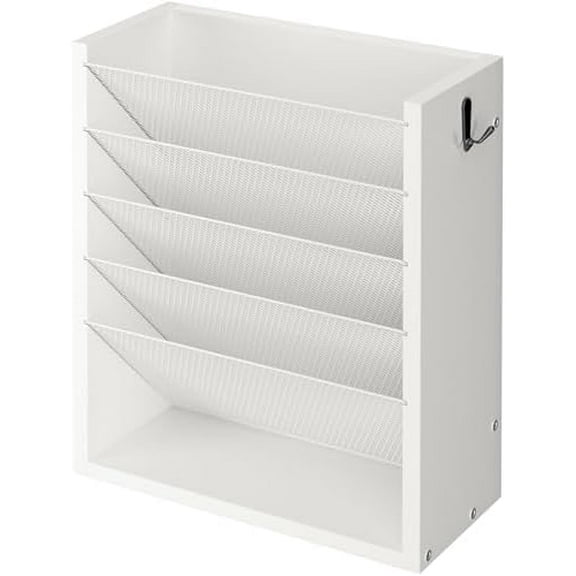 Hanging Wall File Organizer, 6 Tier Wood Wall File Holder with 2 Hooks, Mail Organizer Wall Mounted with Bottom Flat Tray, Vertical Paper Desk Storage for Office, Home, White