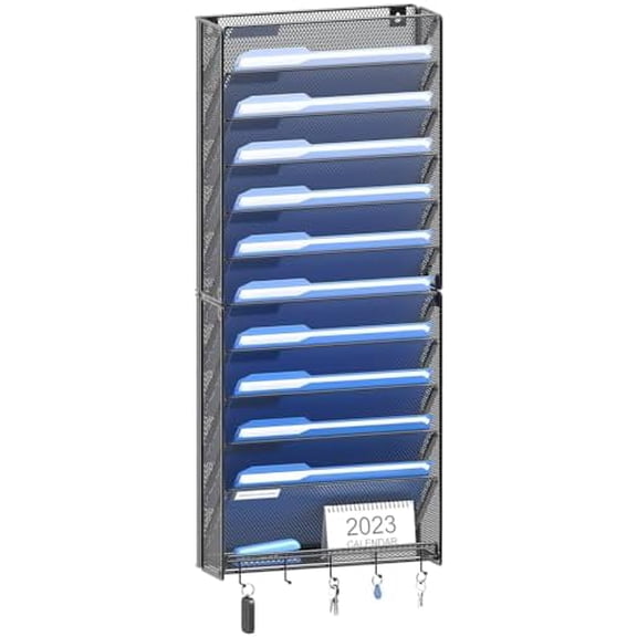Hanging Wall File Organizer with Hooks, 12 Tier Vertical Wall Mount File Holder, File Folder Wall Organizer for Office