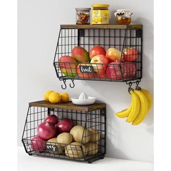 Hanging Wall Fruit Basket for Kitchen Counter 2 Pack, Stackable Wire Baskets for Organizing with Wood Lid, Potato and Onion Storage Bin with Banana Hook for Vegetable Produce, Black + Rustic