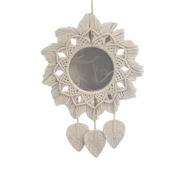 Hanging Wall Macrame Fringe Round Decorative Mirror with Beads Feather PendantArt Ornament for Apartment Home Bedroom Living Room