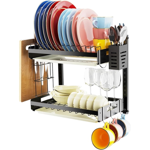 Hanging Wall Mounted Dish Drying Rack with Cutting Board Rack*1, Hook*4, Drain Tray*2, Apartment & RV Wall Mounted Dish Rack, Adhesive Mountable, 2 Layers & 16 Long, Washable (Black)
