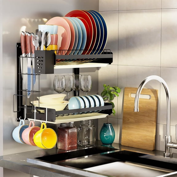 Hanging Wall Mounted Dish Drying Rack, Cutting Board Rack*1, Hook*4, Drain Tray*2, Apartment & RV Wall Mounted Dish Rack, Small Kitchen & Clean Countertop Solution, 2 Layers & 16 long, Black
