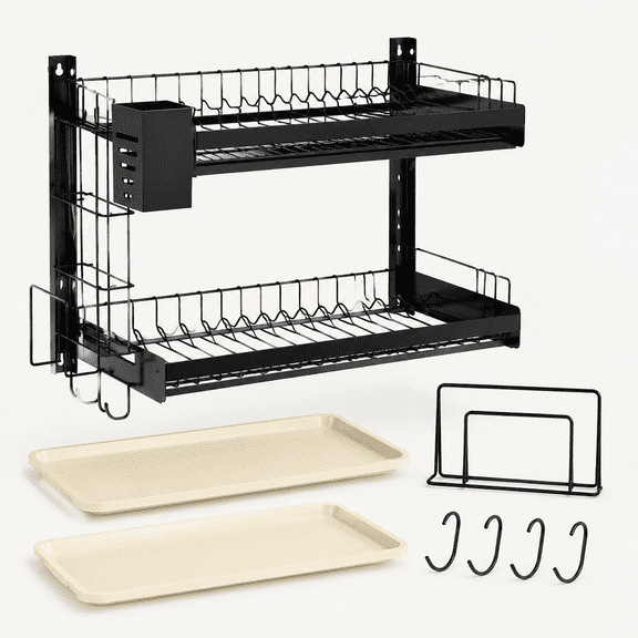 Hanging Wall Mounted Dish Drying Rack, Cutting Board Rack, Hook, Drain Tray, Apartment & RV Wall Mounted Dish Rack, Small Kitchen & Clean Countertop Solution, 2 Layers & 16" long, Black
