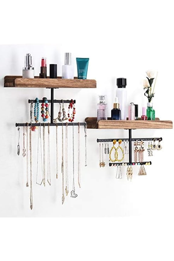 Hanging Wall Mounted Jewelry Organizer with Rustic Wood Jewelry Holder Display for Necklaces Bracelet Earrings Ring Set of 2 Carbonized Black,[Patented]