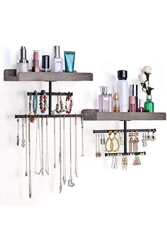 Hanging Wall Mounted Jewelry Organizer with Rustic Wood Jewelry Holder Display for Necklaces Bracelet Earrings Ring Set of 2 Weathered Grey,[Patented]