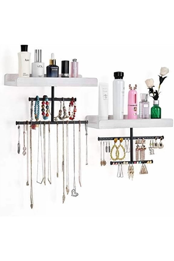 Hanging Wall Mounted Jewelry Organizer with Rustic Wood Jewelry Holder Display for Necklaces Bracelet Earrings Ring Set of 2 White,[Patented]