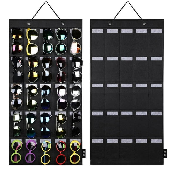 Hanging Wall Mounted Sunglasses Organizer - 15 Slots Non Woven Fabric Eyeglass Holder with Sturdy Rope - Black Display Rack for Closet, Door