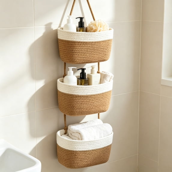 Hanging Wall Storage Baskets Woven Cotton Rope Organizer Boho Tiered Shelf for Bathroom Kitchen Decor 9.5x4.7 Inch