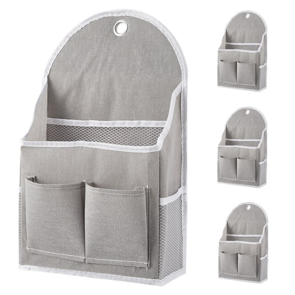 Hanging Wall Storage Organizer – 4-Pack Cotton Linen Wall Pockets with Waterproof Coating, PVC Bottom, Double Front Pockets & Side Mesh, for Home Office RV Door Organization, Grey