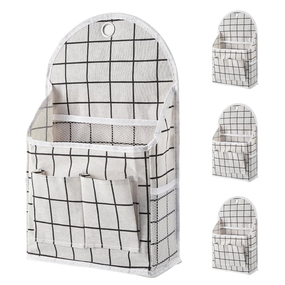 Hanging Wall Storage Organizer – 4-Pack Cotton Linen Wall Pockets with Waterproof Coating, PVC Bottom, Double Front Pockets & Side Mesh, for Home Office RV Door Organization, Black&White