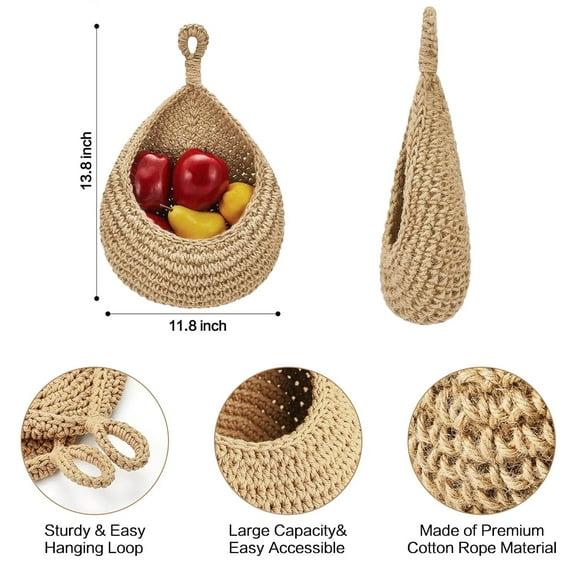 Hanging Wall Vegetable Fruit Baskets, Jute Hanging Basket,Bohemian Style Kitchen Storage Baskets Wall Planters, Teardrop Hanging Basket, Kitchen Hanging Storage, Farm House Basket-F