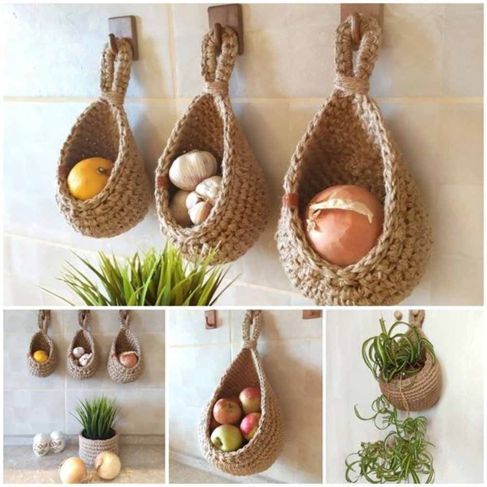 Hanging Wall Vegetable Fruit Baskets Jute Hanging Basket Bohemian Handwoven Wall Mount Fruit Or