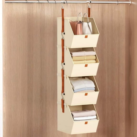 Hanging Wardrobe Storage Box, Inclined Open 4-layer Storage Box, with Double Hook Design, Suitable for Wardrobes, Bedrooms and Entrance Areas.