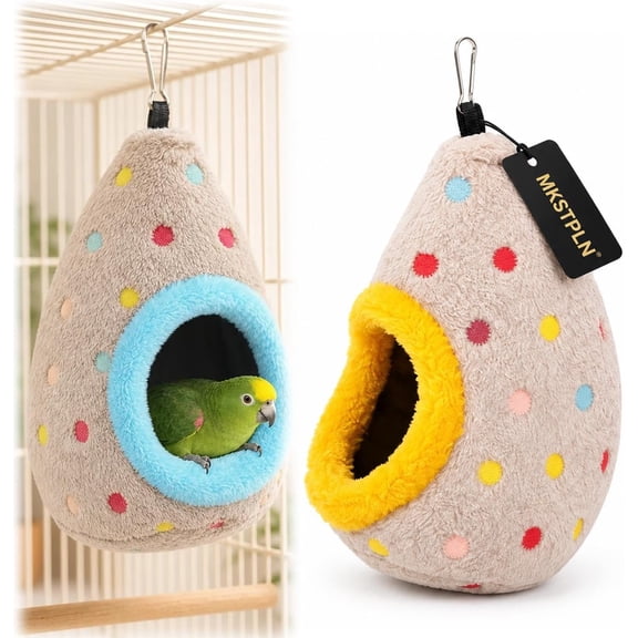 Hanging Warm Cotton Bird Nest Hammock Egg Shaped Cage Bed Plush Parrot Tent | Double Layer Fleece Enclosed Oval Nesting Cave Metal Hook Cozy Winter Hideout for Parakeet Parakeet Budgies Finches House