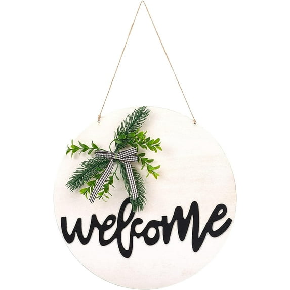 Hanging Welcome Sign Front Door White Round Welcome Door Sign with Wreath and Bow 11.81" for Farmhouse Porch Decoration Spring Front Door White Hanging Welcome Sign