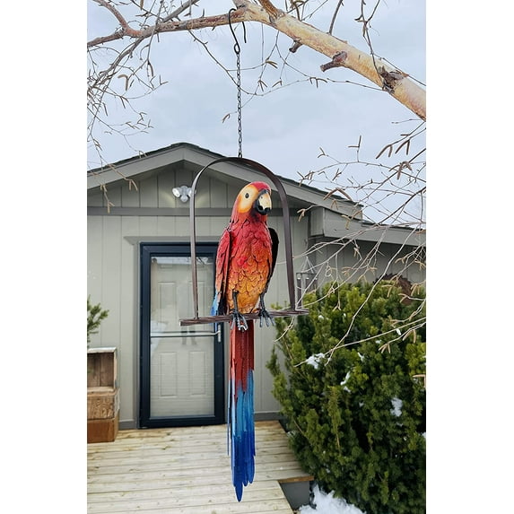 Hanging Whimsical Rustic Metal Swinging Macaw Parrot Tropical Bird On Chain Yard Garden Art
