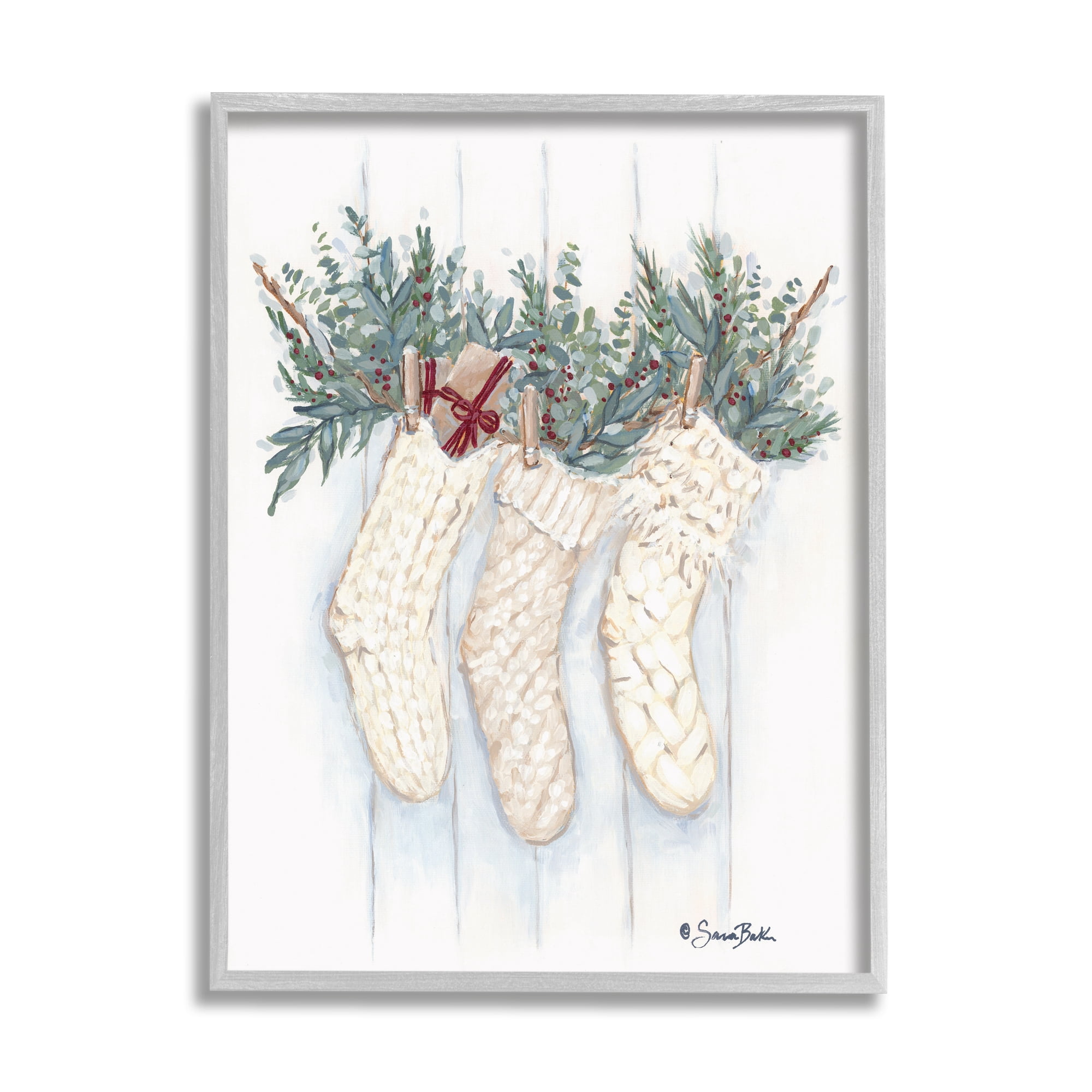 Hanging White Knit Stockings Festive Holly Detail Botanical & Floral Painting Framed Art Print Wall Art