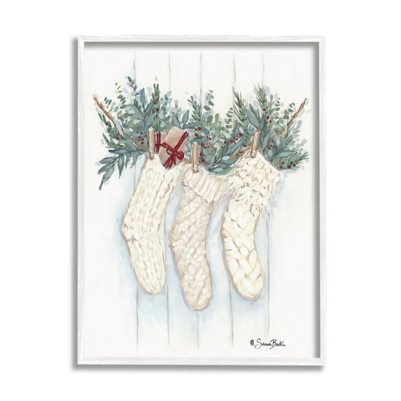 Hanging White Knit Stockings Festive Holly Detail Botanical & Floral Painting Framed Art Print Wall Art