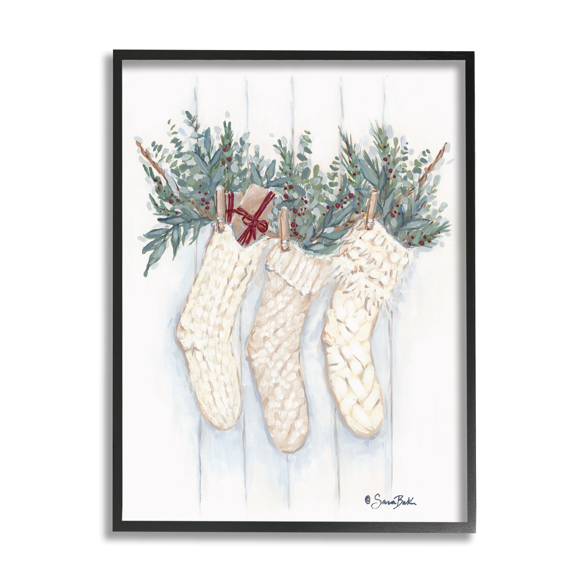 Hanging White Knit Stockings Festive Holly Detail Botanical & Floral Painting Framed Art Print Wall Art