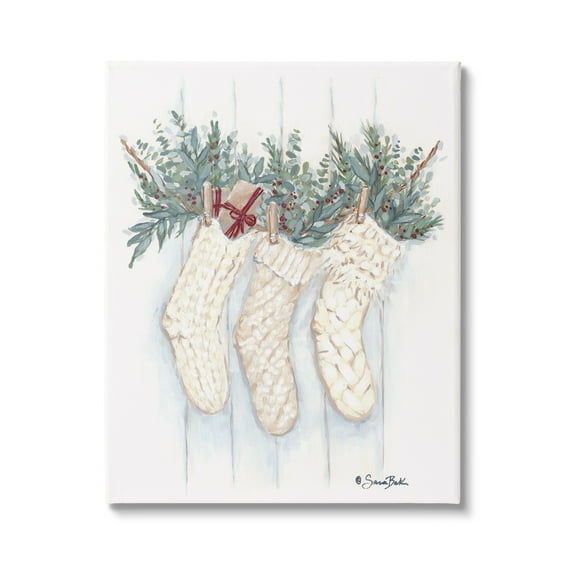 Hanging White Knit Stockings Festive Holly Detail Botanical & Floral Painting Gallery-Wrapped Canvas Print Wall Art