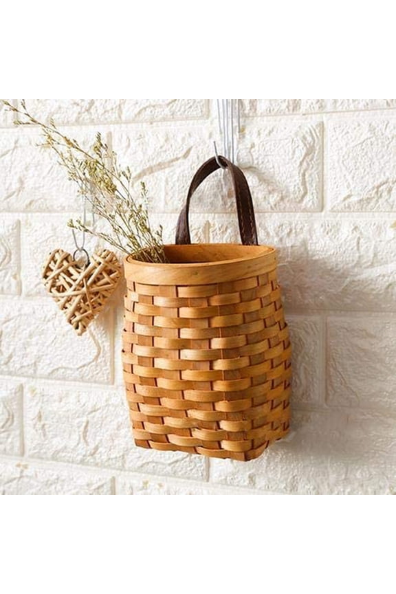 Hanging Wicker Basket Hand-woven Wood Storage Basket Portable Wall Hanging Flower Basket Organizer Fruit Vegetable Rattan Box Home Decoration Height 6.1in