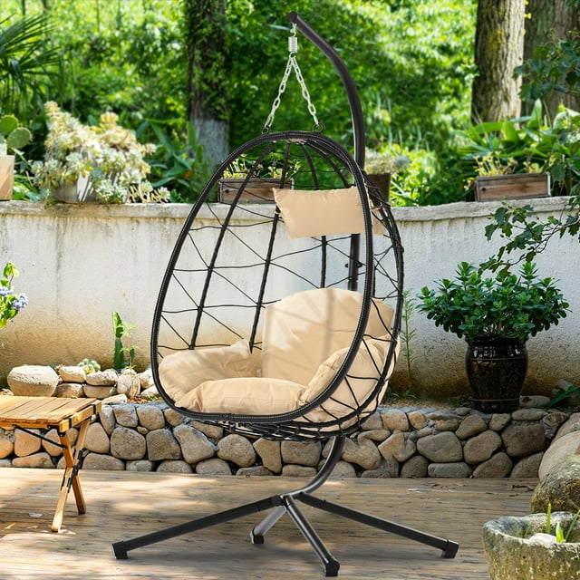 Hanging Wicker Egg Chair, Outdoor Patio Hanging Chairs with Stand, UV