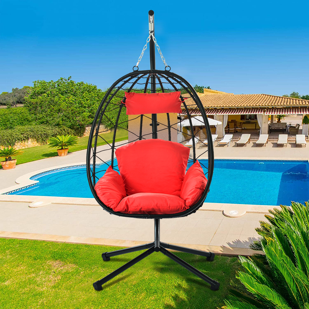 Hanging Wicker Egg Chair with Stand and Red Cushion, Heavy Duty Steel Frame Resin Wicker Hanging Chair, Outdoor Indoor UV Resistant Furniture Swing Chair with Headrest Pillow, 264lbs - image 1 of 13