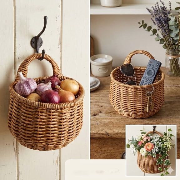 Hanging Wicker Wall Basket Handwoven Storage Baskets with Handle for Fruit Vegetables Toys Mail Keys – Decorative Rattan Style Organizer for Kitchen Bathroom Entryway Garden
