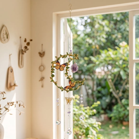 Hanging Wind Chime,Natural Crystal Rough Metal Sun Catcher Wall Pendant Light Reflect Home Decor,Easy Mount Ornament For Patio Window Classroom Indoor Space