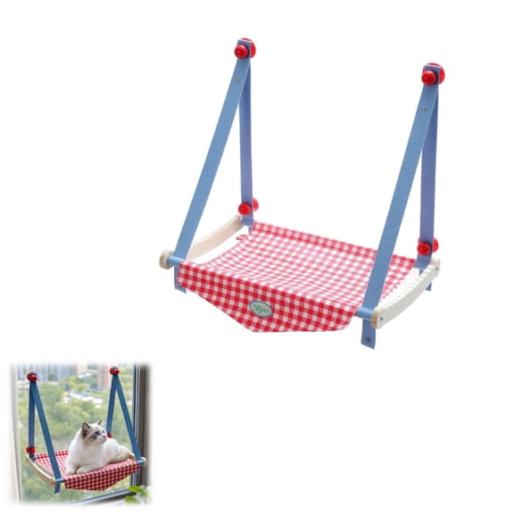 Hanging Window Cat Hammock, 360 Panoramic View Window Perch, Blue Red PlaidCanvas Bed, 4 Heavy-Duty Suction Cups, Space-Saving Cat Lounge, Up to 19 Pounds