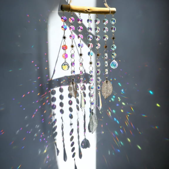 Hanging Window Suncatcher Rainbow Maker Glass Crystal Mobile Wind Chimes with AB Prisms & Natural Leaf Drops Autumn Home Wall Art Decoration Gift