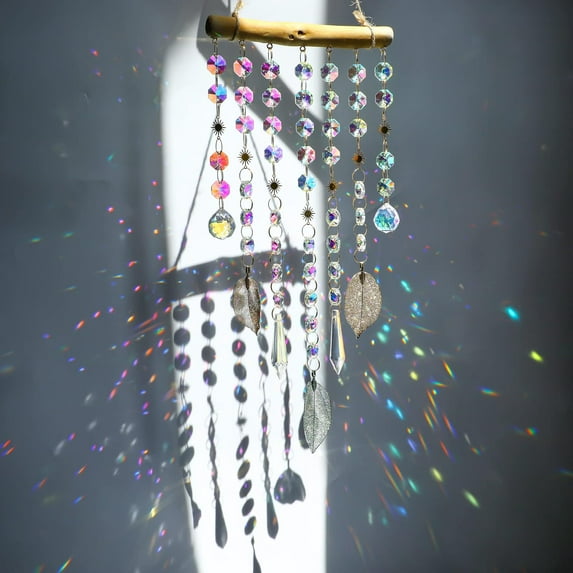 Hanging Window Suncatcher Rainbow Maker Glass Crystal Mobile Wind Chimes with AB Prisms & Natural Leaf Drops Autumn Home Wall Art Decoration Gift