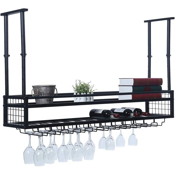 Hanging Wine Glass Rack Ceiling for Bar Restaurants,47.2in Adjustable Metal Wine Glass Holder,Industrial Iron Wine Shelf Wall Mounted(Black)
