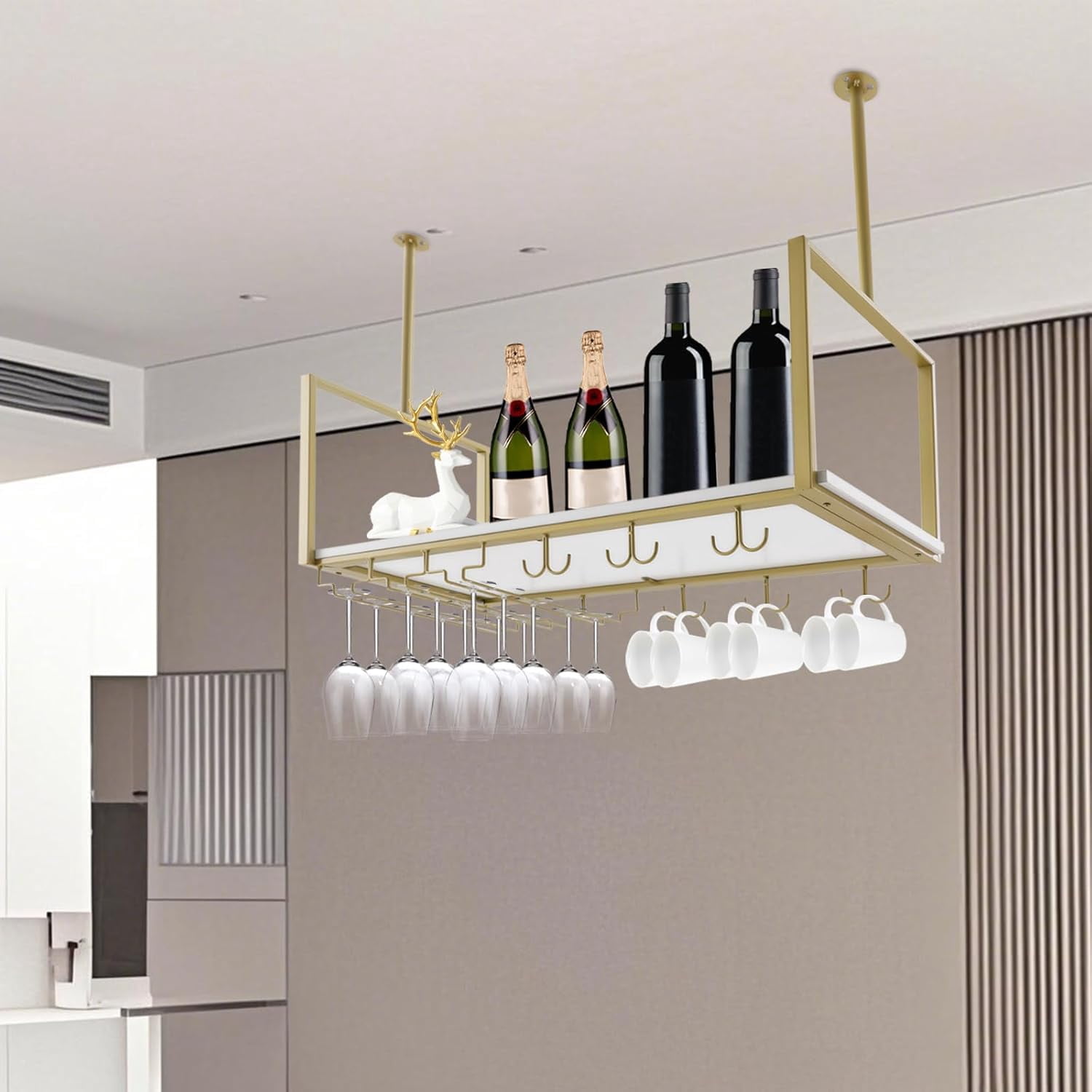 Bar Glassware Rack Hanging Wine Rack with Glass Holder Shelf Metal Ceiling Bar Wine Glass ...