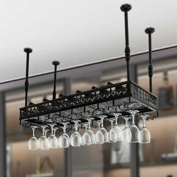Hanging Wine Rack with Glass Holder Ceiling Wine Glass Rack Height Adjustable Black