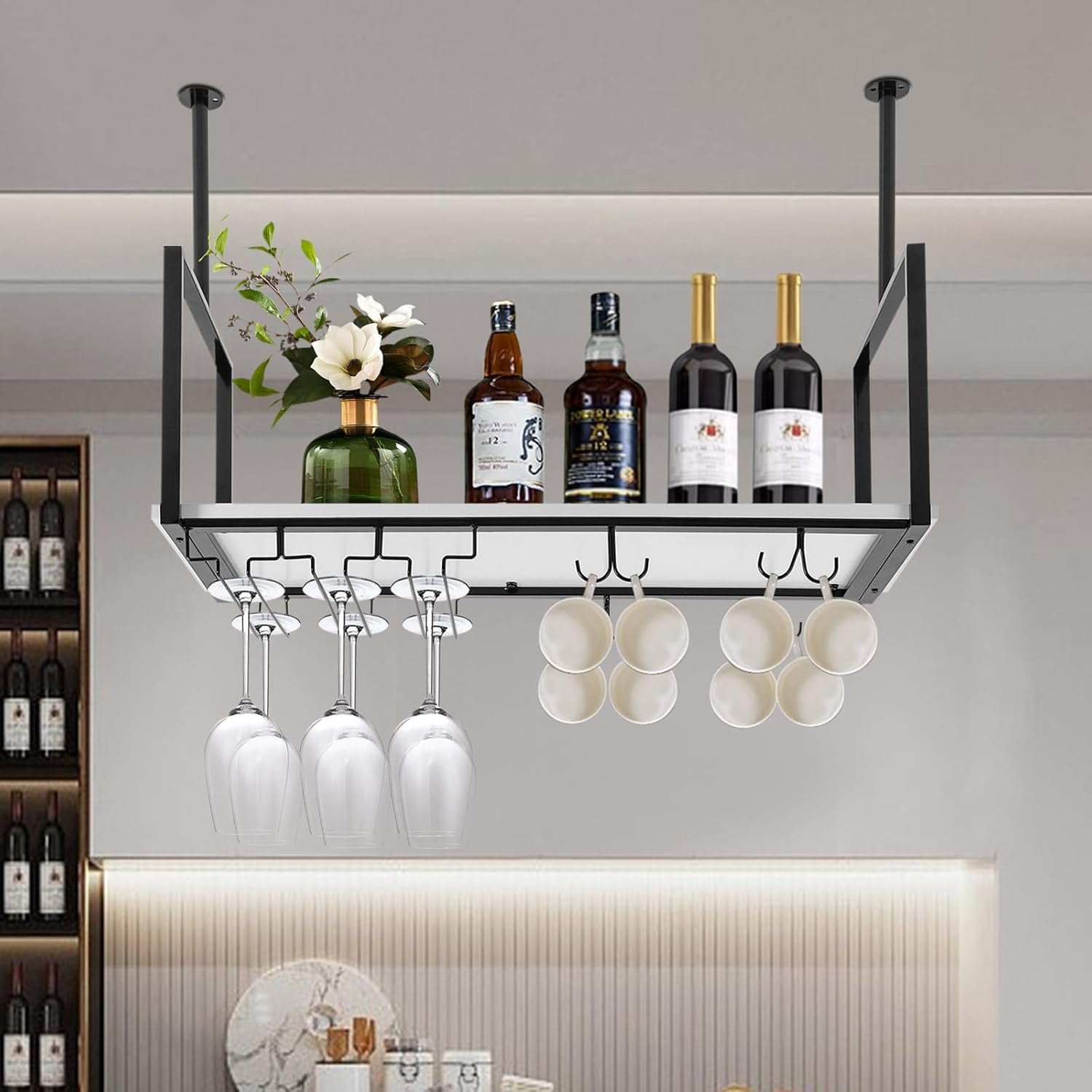 Hanging Wine Rack with Glass Holder and Shelf Metal Ceiling Bar Wine ...