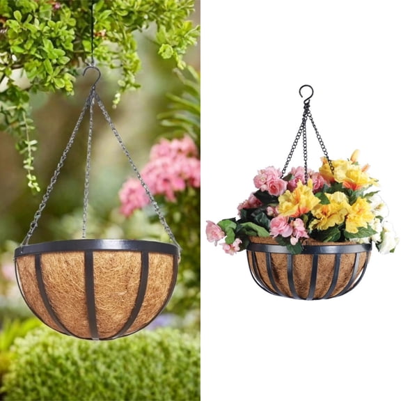 Hanging Wire Plant Basket with Coconut Coir Liner, 10 Inch Round Black Metal Planter, Tri-Chain Hanging System, Breathable Root-Friendly Design for Pothos Ivy Ferns on Balcony Patio Deck