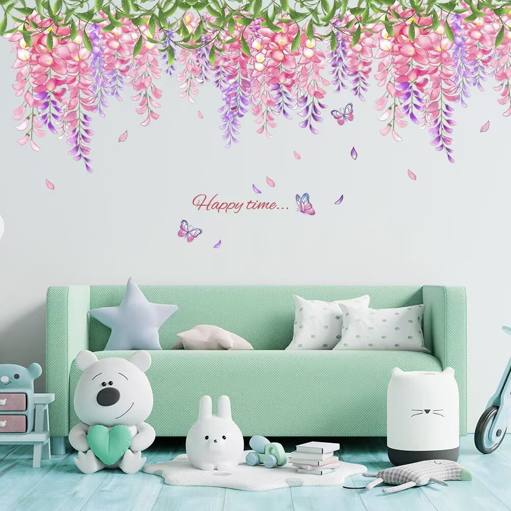 Hanging Wisteria Flower Leaves Wall Stickers Removable PVC Wall Decals Peel and Stick Wall Art Decorations Decor for Bedroom Living Room Murals