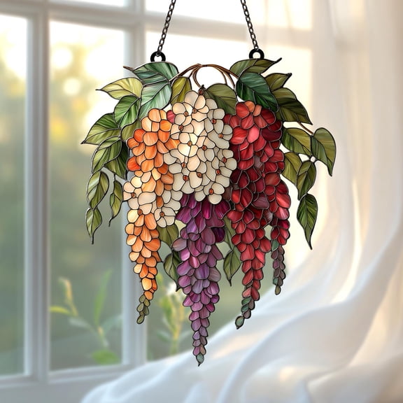 Hanging Wisteria Vine Acrylic Suncatcher, Multicolor Faux Stained Glass Floral Window Accent, Cottagecore Porch Housewarming Gift