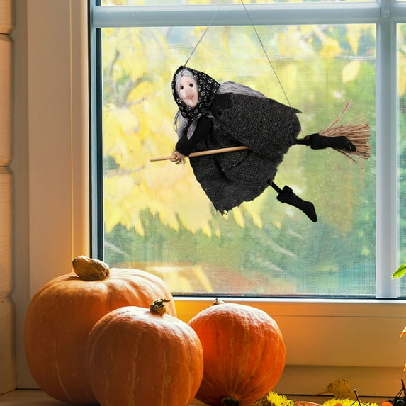 Hanging Witch Broom Halloween Decor - Sound Effect Party Prop Haunted House Accessory Gift for Horror Theme Parties(Gray)