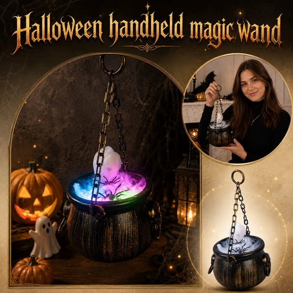 Hanging Witch Cauldron LED Glow Lamp Color Changing Cauldron With Metal Chain Spider Cotton Cloud Hanging Ornament Covered Porch Tree Eave Facade Halloween Seasonal Outdoor Decor Novelty Gift