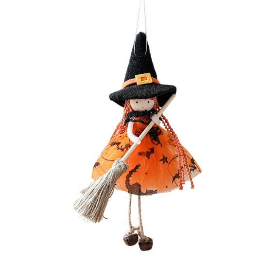 Hanging Witch Doll Ornament Halloween Decor 7.87 Inch Flying Witch Figurine with Broomstick and Flowing Skirt - Spooky Hanging Decoration for Doors Windows Trees Indoor Outdoor Haunted House Displays