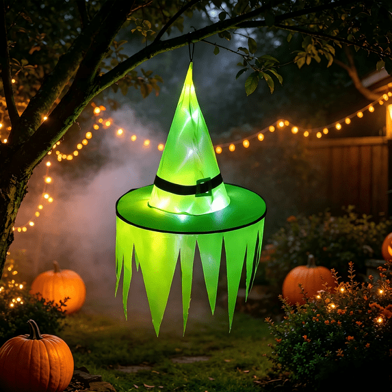 Hanging Witch Hat String Light - Light Up Waterproof Glowing Halloween Decor, Battery Operated LED Sawtooth Hat for Indoor Outdoor, Garden, Yard