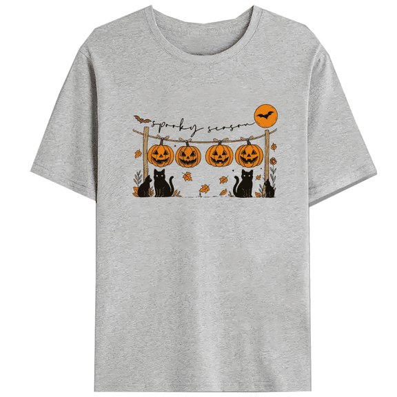 Hanging With My Boos Print Halloween Tops Funny Hanging Ghosts Graphic Tees Short Sleeve Casual Spooky Season T-shirts Cotton Shirts Gray,S