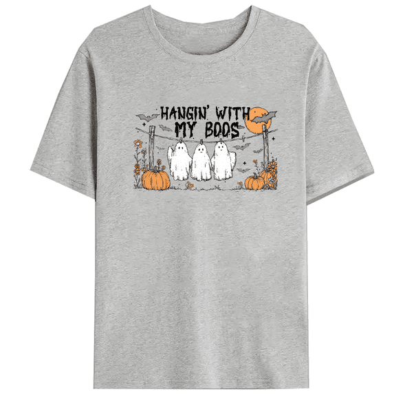 Hanging With My Boos Print T-shirts Funny Halloween Spooky Season Graphic Tees Short Sleeve Casual Tops Cotton Shirts for Daily Outfits Gray,L